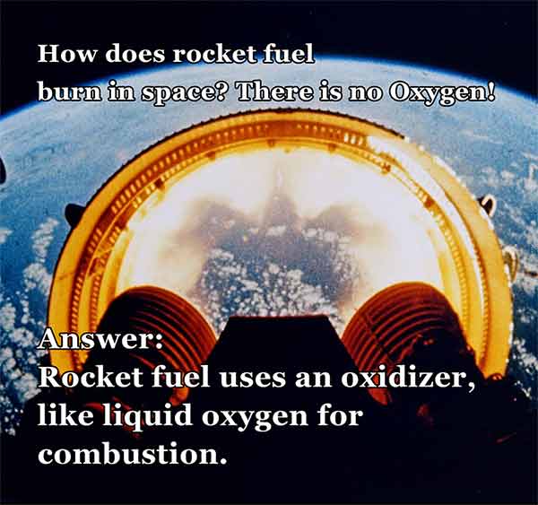 Q: How does rocket fuel burn in space? A: Rocket fuel uses an oxidizer, like liquid oxygen