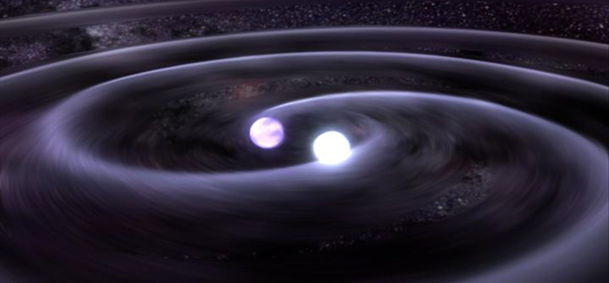 This illustration shows the gravitational waves thought to be produced by two orbiting white dwarf stars in a binary system called J0651, according to an August 2012 study. Credit: NASA