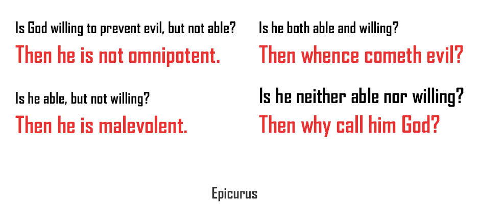 If God is unable to prevent evil, then he is not all-powerful.
If God is not willing to prevent evil, then he is not all-good.
If God is both willing and able to prevent evil, then why does evil exist?