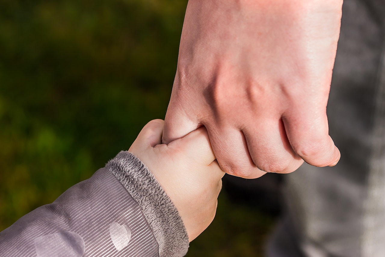 Child's hand holding an adult's single finger